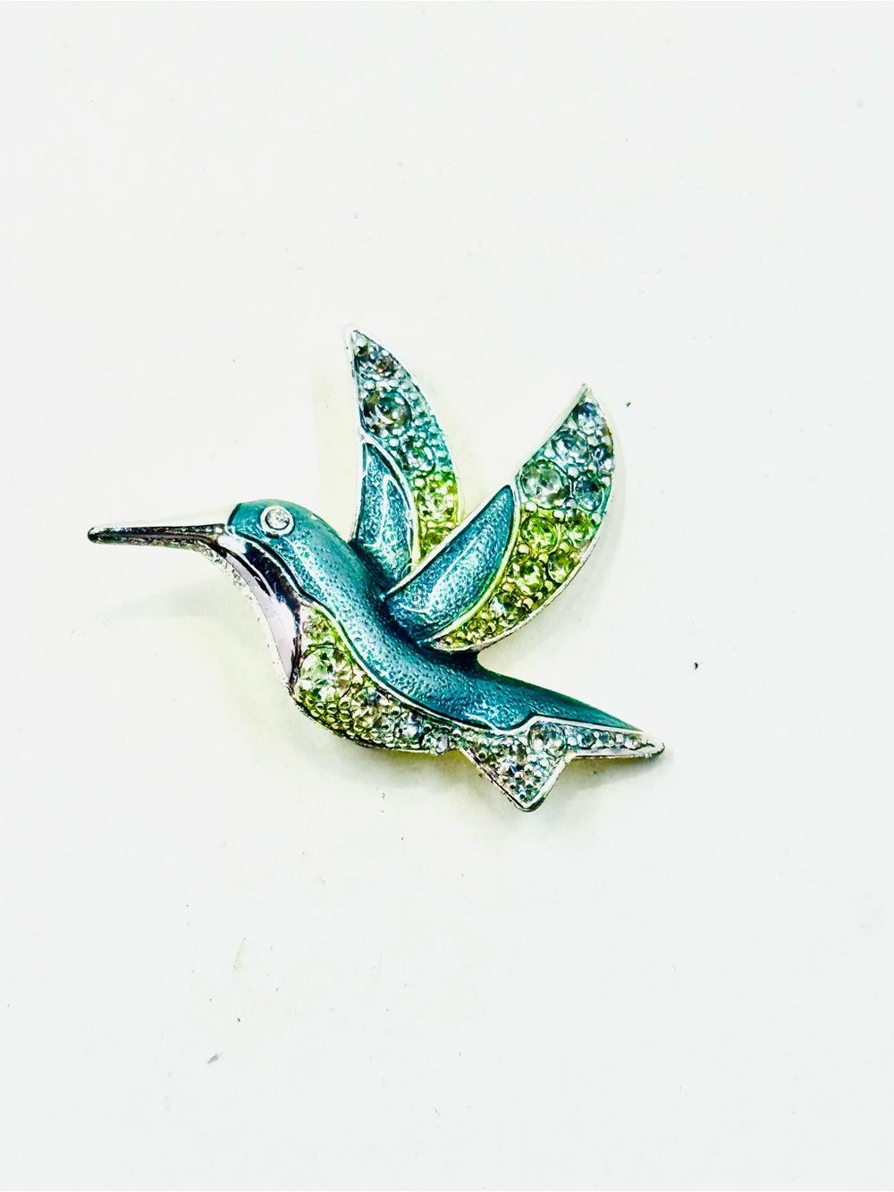 Liz Claiborne Silver Tone Teal and Lime Green Hummingbird Brooch 2”X2”
